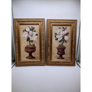 Vintage Home Interiors Barbara Mock Magnolia Floral Topiary Gold Framed Wall Art